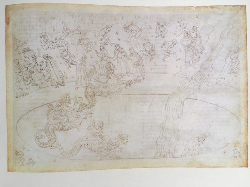 Drawing of descent on the back of Geryon into a pool