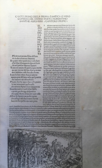first 21 lines of Dante's inferno with etching decoration around the main body of work