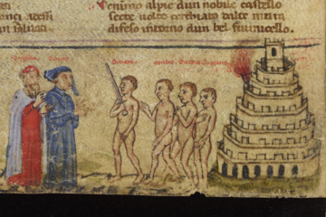 Dante with virgil manuscript image of two men dressed (one in blue, one in red) greeting three undressed men coming from a tower