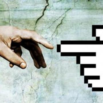 Digital Age A hand from Michelangelo's 'Creation of Adam' reaches out towards a digital computer mouse pointer