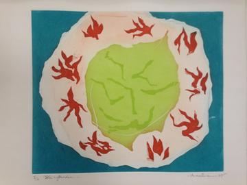Geoff macewan the earthly paradise geoff macewan the earthly paradise, abstract, colourful painting with blue background, white circular shape within this, and green shape on the white