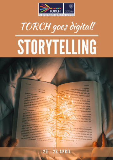 Hand holding book with lights and the word "Storytelling"