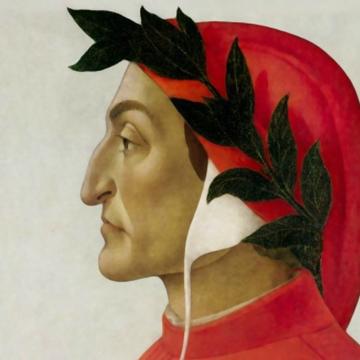 Dante profile of man in red hood and robe with laurel wreath around head